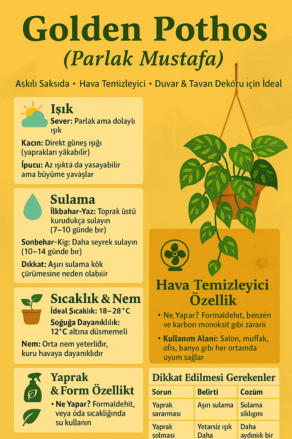Askılı Saksıda Duvar ve Tavan İçin Golden Pothos Parlak Mustafa – Hava Temizleyici Sarmaşık