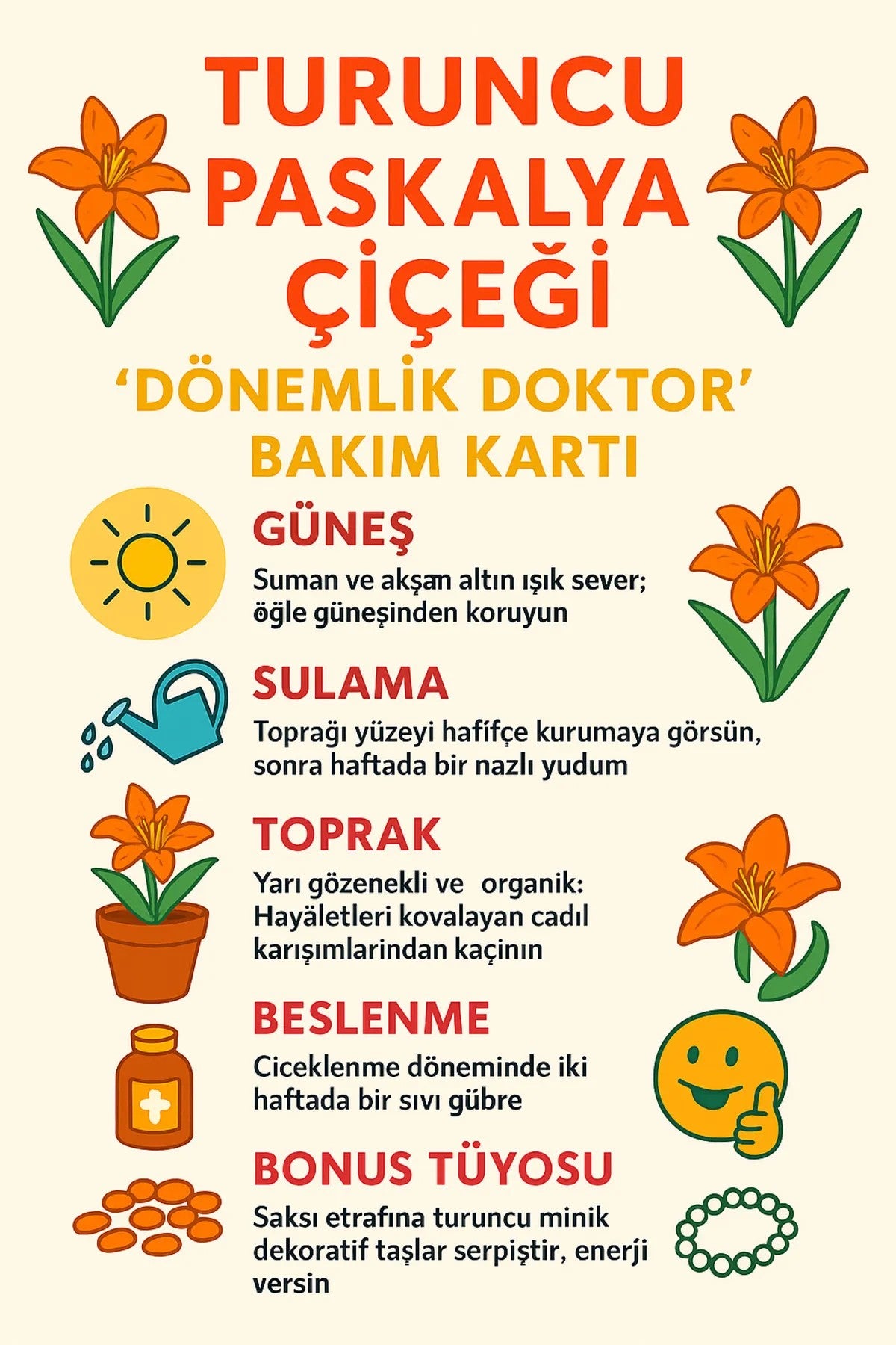 turuncu paskalya çiçeği bakım kartı